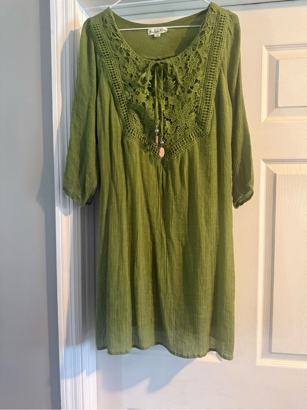 Indigo Rose Green Sheath Dress PL Petite 3/4 Sleeve Gauze Crochet Beaded Boho